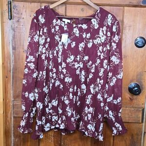 Maurices Burgundy Floral Smocked Peplum Long Sleeve Blouse Top Plus Size 3X